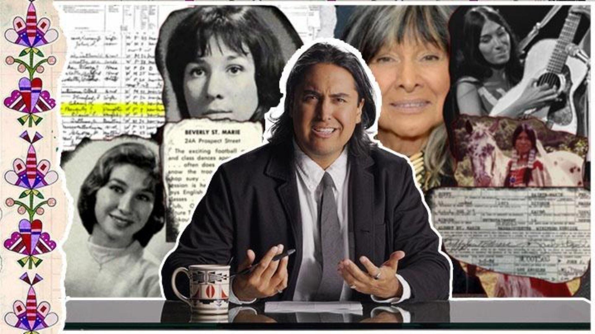 Comedian and actor Tai Leclaire in front of a composite of documents and images of famous native americans.