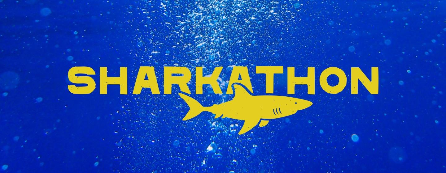 Graphic with text reading Sharkathon in yellow, beneath the text is a cartoon shark. 