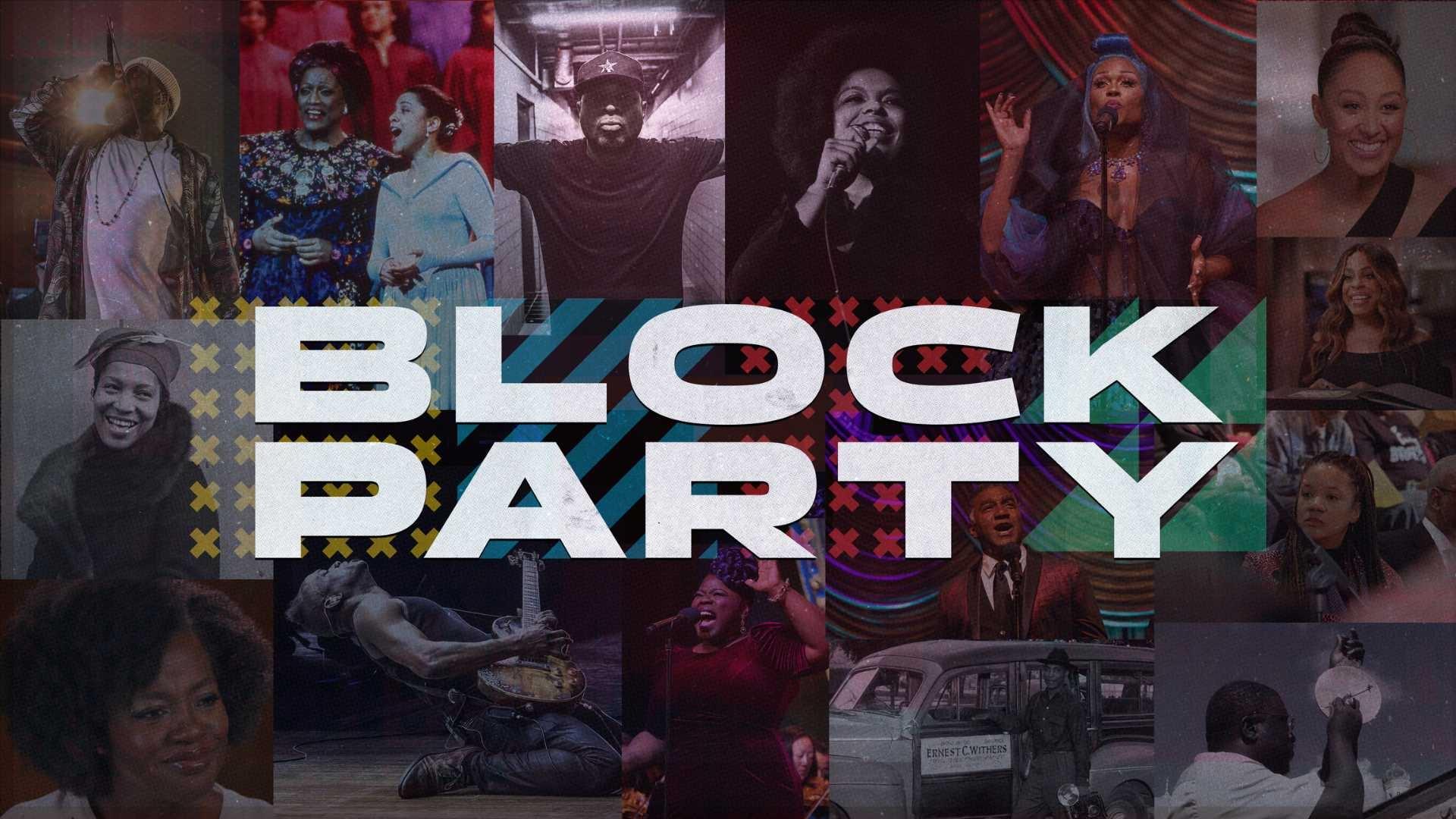 Block Party text over graphic compilation grid of featured PBS shows