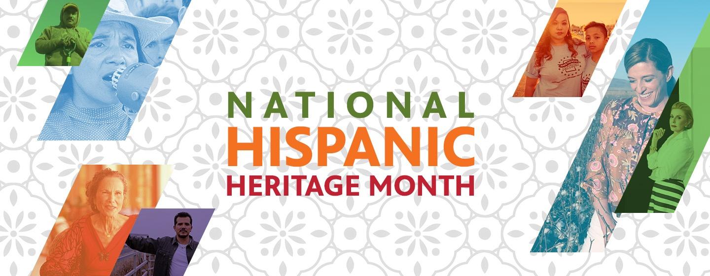 An image composite with the text, "National Hispanic Heritage Month" with various images of people within the Hispanic Heritage Month content collection.