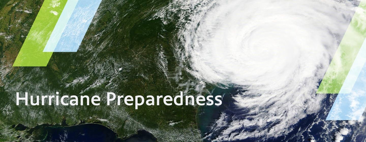 An aerial image of a hurricane over the US east coast with the text, "Hurricane Preparedness."