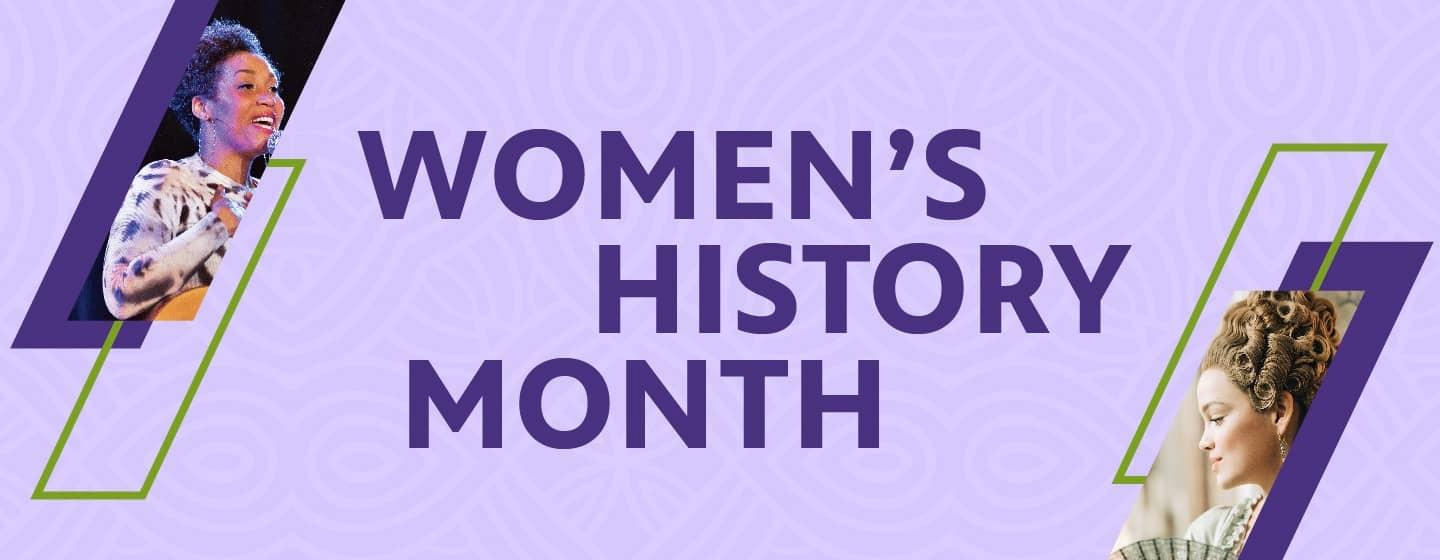 Women's History Month text on purple textured background with image of Rissi Palmer and a still from "Marie Antoinette" on PBS