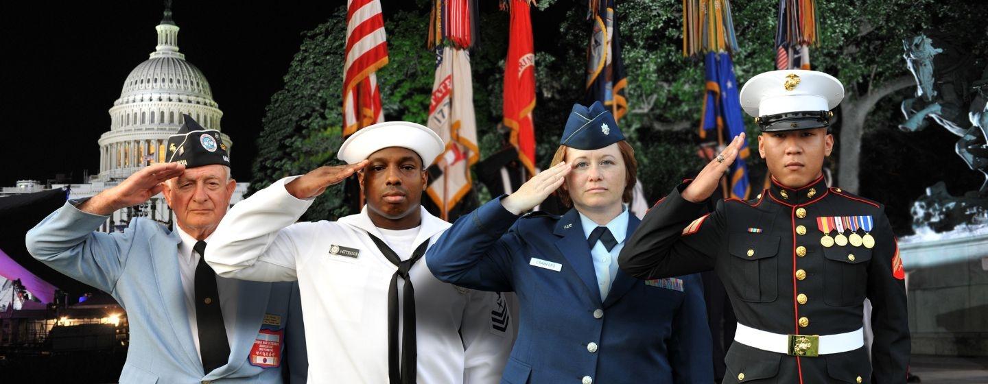 Members of the U.S. Armed Forces salute at the National Memorial Day Concert.