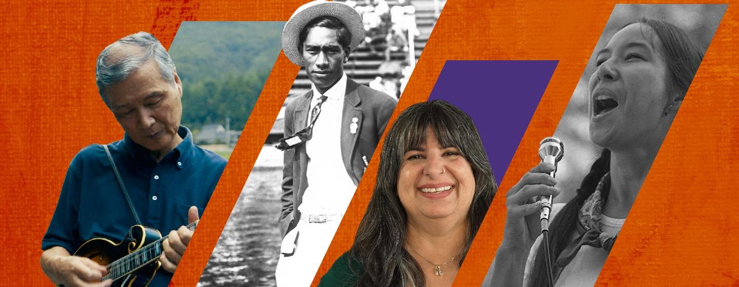From L-R: Akira Otsuka from the band Bluegrass 45 as featured in Reel South; Duke Kahanamoku as featured in American Masters, "Waterman – Duke: Ambassador of Aloha"; Preeti Waas, owner of Durhan, NC restaurant Cheeni and featured in My Home, NC; Nobuko Miyamoto as featured in Artbound's "Nobuko Miyamoto: A Song in Movement."