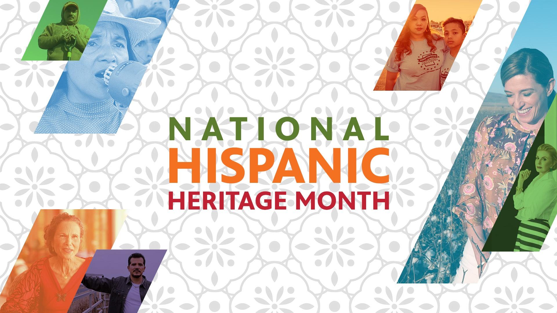 An image composite with the text, "National Hispanic Heritage Month" with various images of people within the Hispanic Heritage Month content collection.