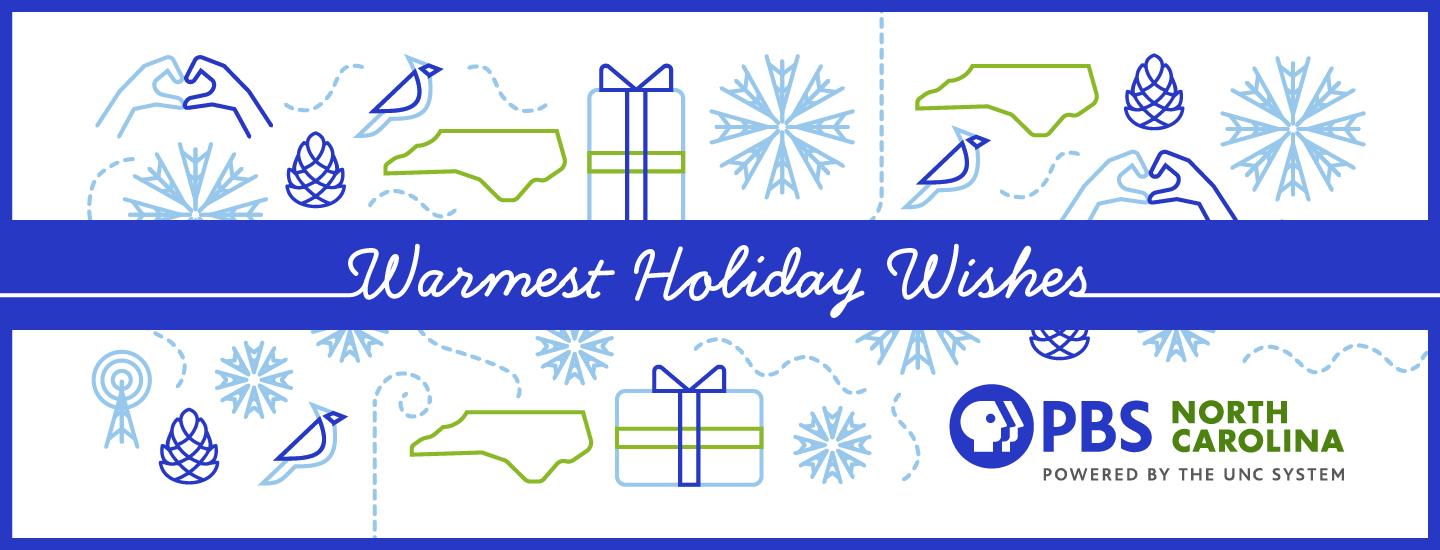 "Warmest Holiday Wishes" surrounded by NC icons and the PBS NC logo.