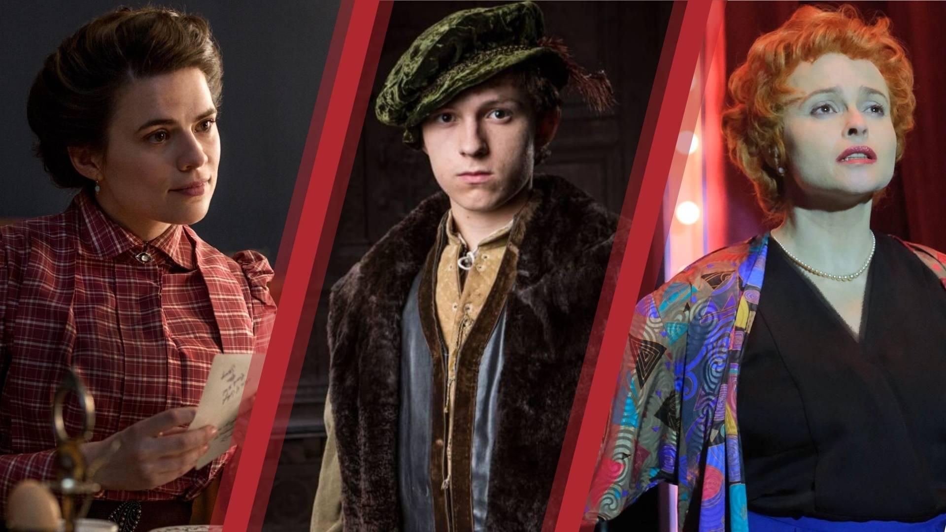 From L-R: Hayley Atwell as Margaret Schlegel in Howard’s End, Tom Holland as Gregory Cromwell in Wolf Hall and Helena Bonham Carter as Noele “Nolly” Gordon in Nolly.