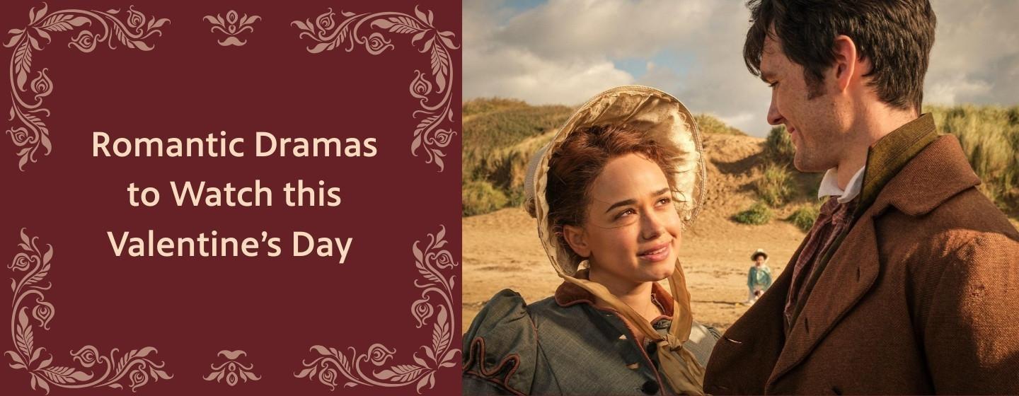 The left half of the graphic is maroon with the copy, “Romantic Dramas to Watch this Valentine’s Day.” On the right half is an image of Sanditon’s lead characters Charlotte Heywood (Rose Williams) and Alexander Colbourne (Ben Lloyd-Hughes).