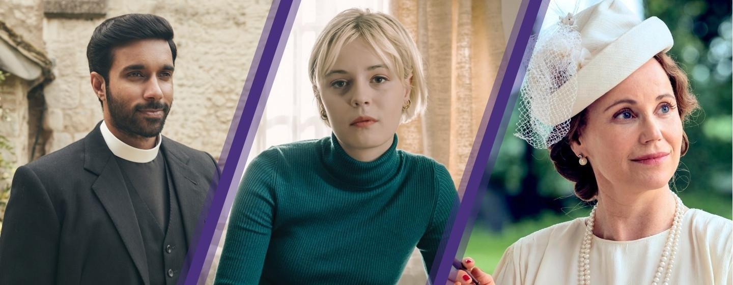 From L-R: Rishi Nair as Reverand Alphy Kottaram in “Grantchester”; Ella Maisy Purvis as Patience Evans in “Patience”; Sofia Helin Crown Princess Martha of Norway in “Atlantic Crossing.”