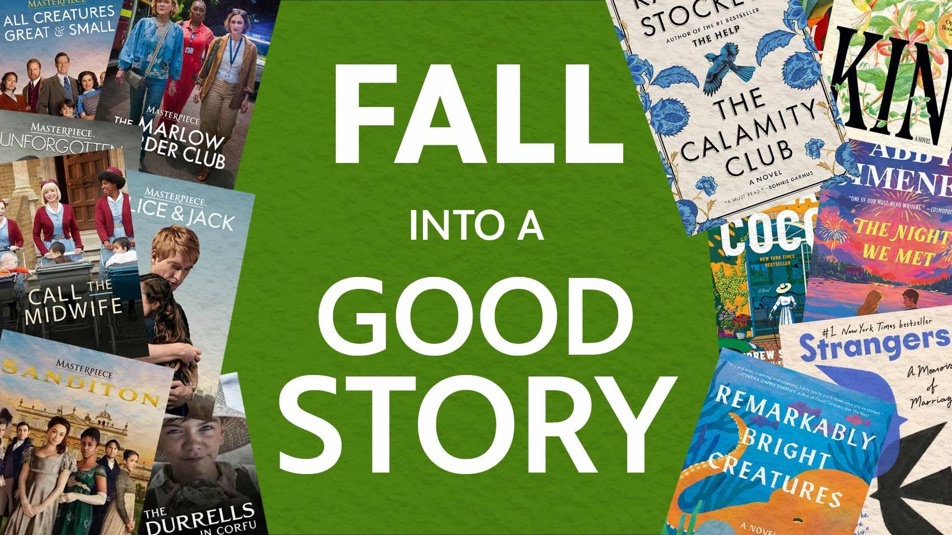 "Fall into a Good Story" between a collection of PBS dramas next to a collection of 2026 bestselling books.