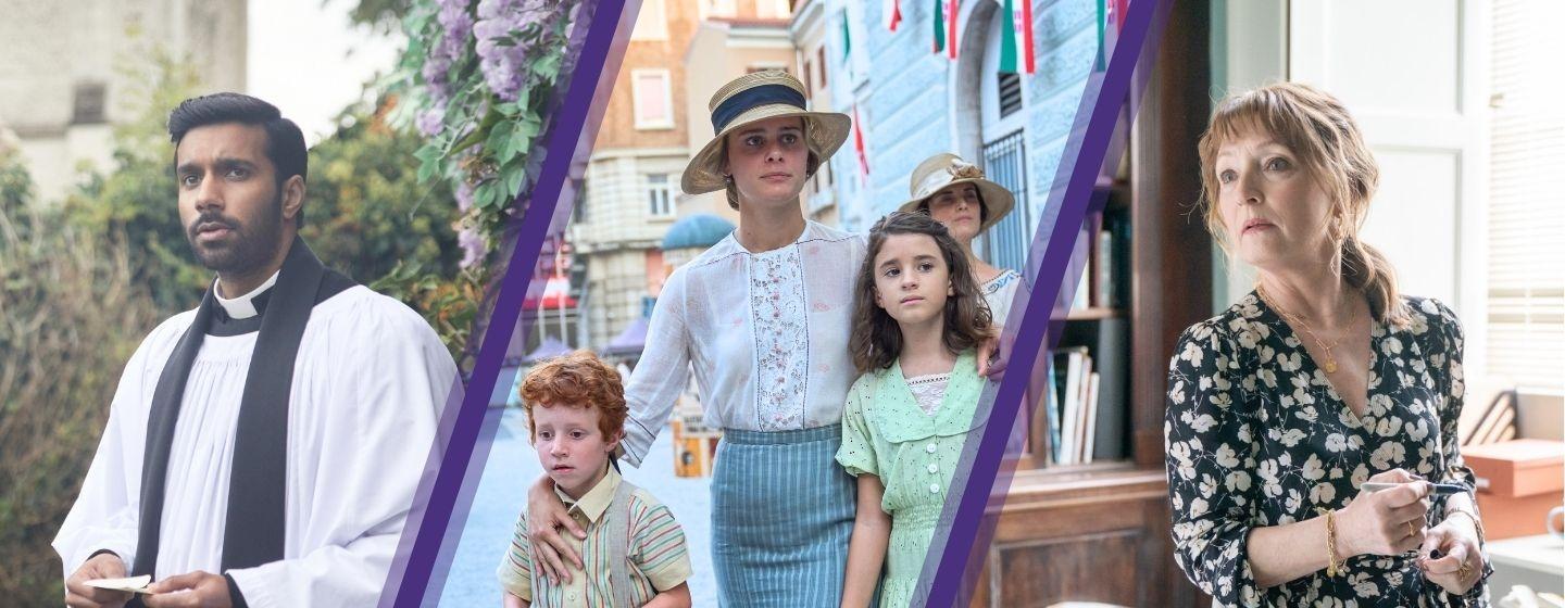 From L-R: Alphy Kottaram played by Rishi Nair in Grantchester, Louisa Binder playing Constance March as she pushes along a little boy and a little girl and Lesley Manville as Susan Ryeland in Magpie Murders.