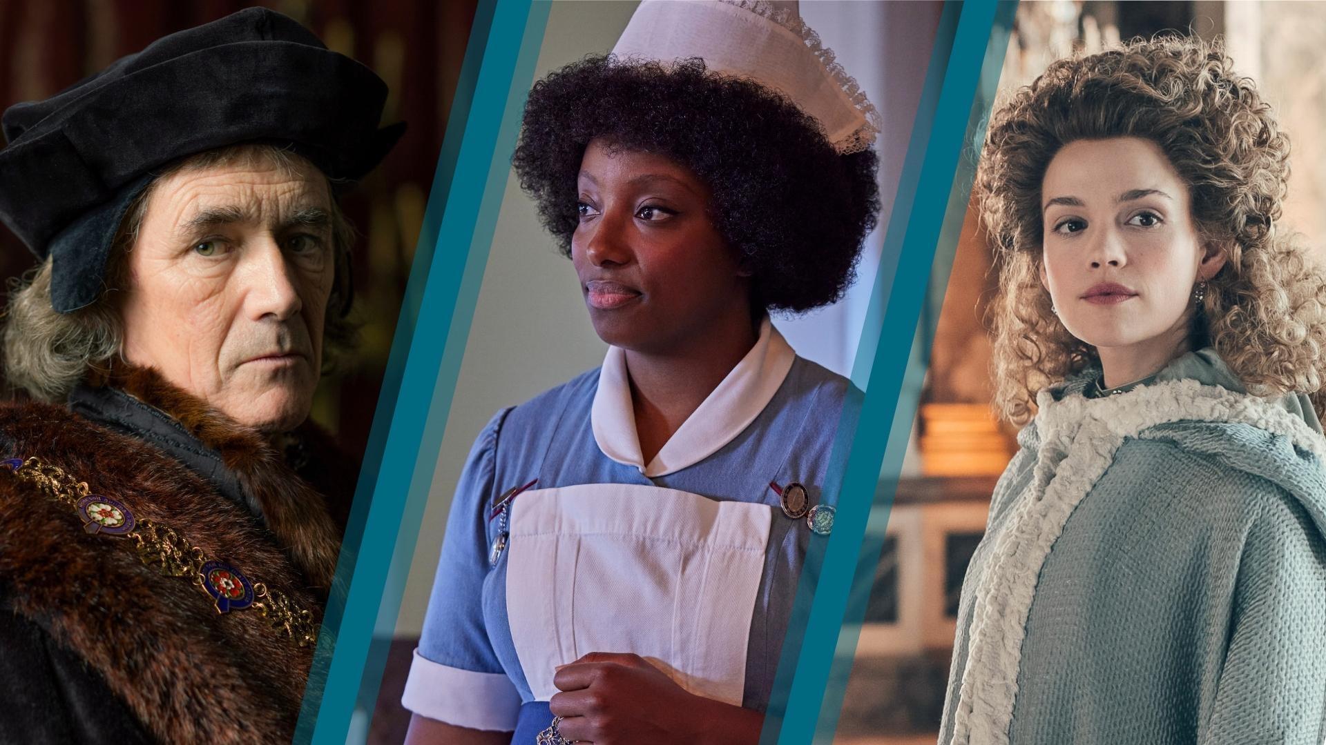 Alt text: From L-R: Thomas Cromwell played by Mark Rylance in Wolf Hall: The Miror and the Light; Joyce Highland played by Renee Bailey in Call the Midwife; Emilia Schüle playing Marie Antoinette in Masterpiece’s Marie Antoinette.