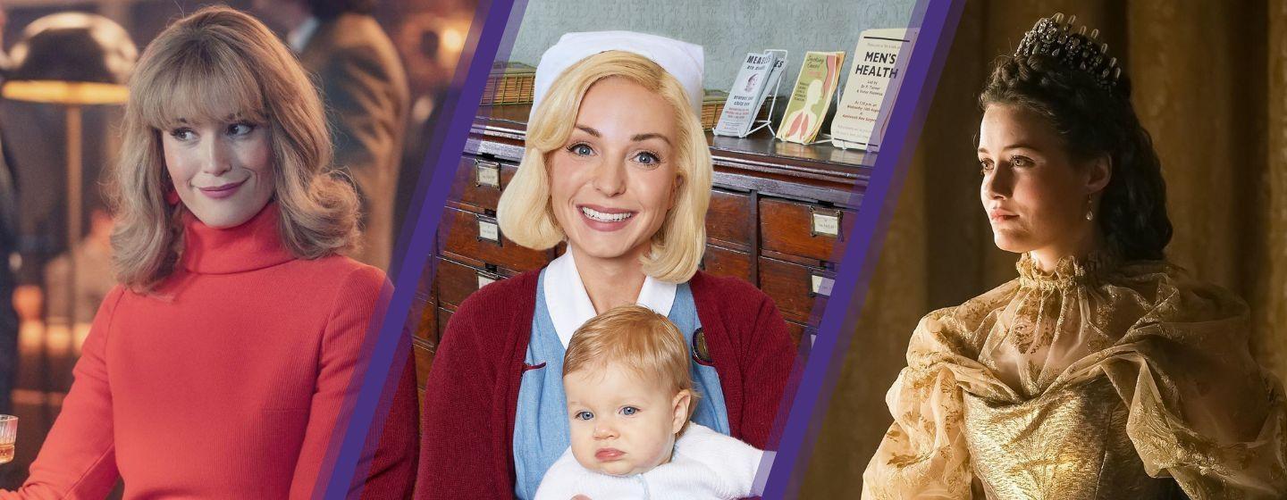 From left to right: Gemma Arterton as Barbara, now national muse Sophie Straw, in Funny Woman, Trixie Franklin, played by Helen George, holds a baby in Call the Midwife and the Empress Elisabeth of Austria in a golden gown and crown, played by Dominique Devenport in Sisi: Austrian Empire.