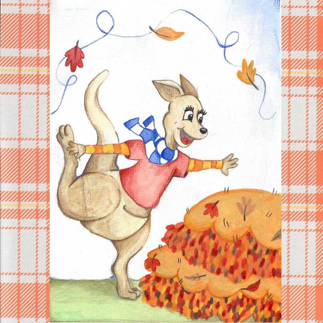 Colored in drawing of Rootle's Read-a-roo about to free-fall into a files of colorful autumn leaves.