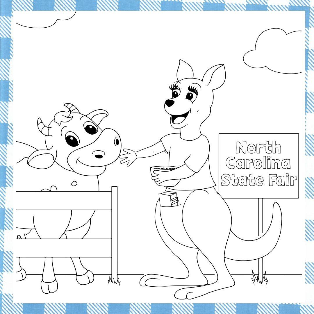 A outline of Rootle's Read-a-roo petting a cow behind a fence and a sign in the background that reads, "North Carolina State Fair."