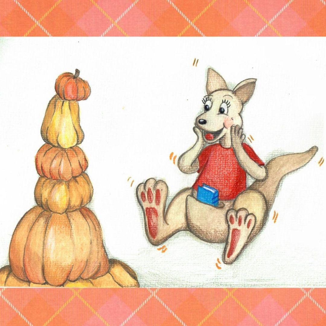 Colored in drawing of Rootle's Read-a-roo jumping in joy at the sight of a stack of wonky pumpkins.