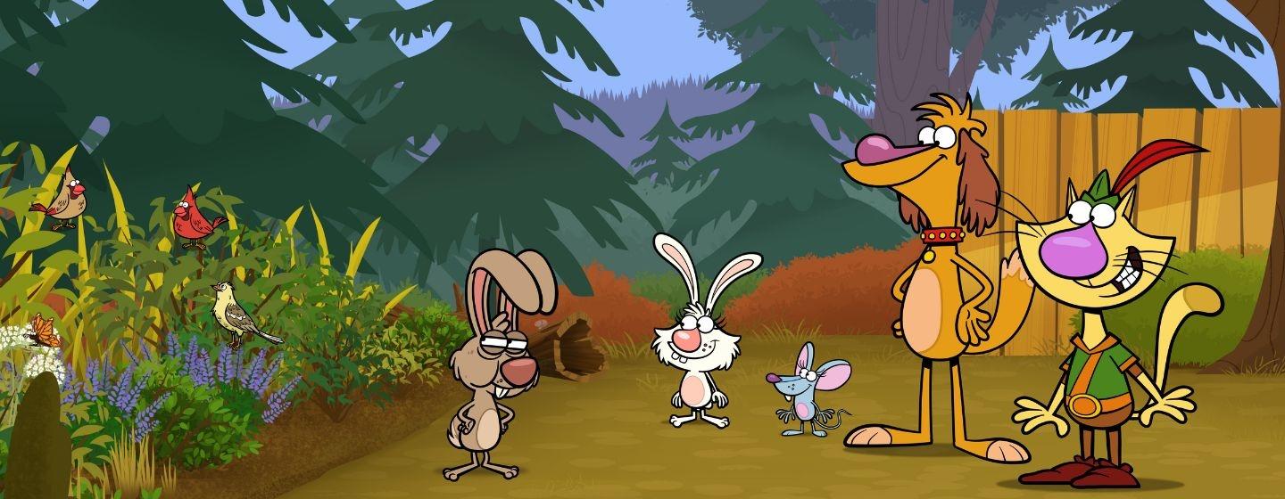 Nature Cat, Hal the Dog, Squeeks and Daisy the Bunny stand at the edge of a grumpy rabbit's garden.