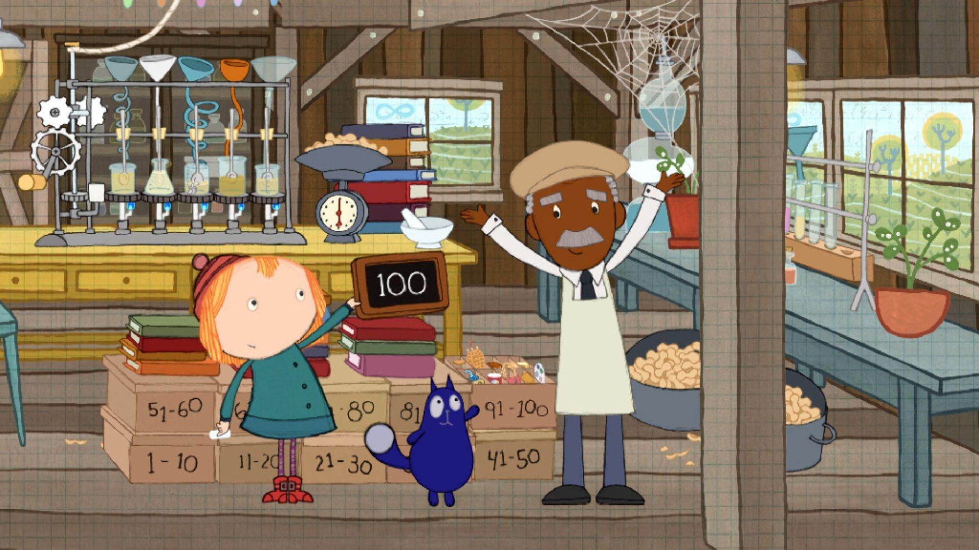 Peg and Cat in a peanut factory with George Washington Carver.
