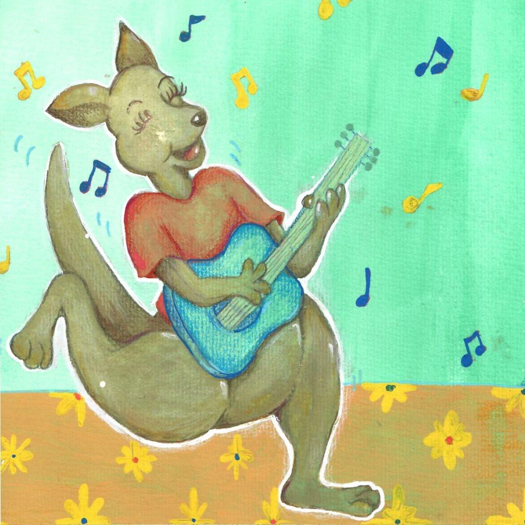 Colored in drawing of Rootle's Read-a-roo with music notes all around her and playing the guitar.