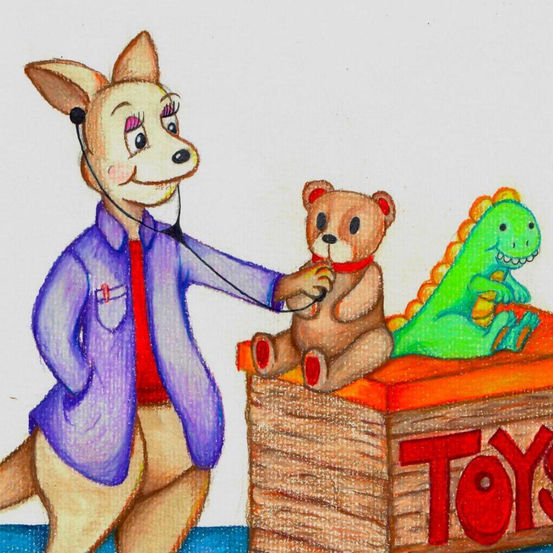 Colored in drawing of Rootle's Read-a-roo as a veterinarian with stethoscope on a teddy bear's heart and a dinosaur on the toy box next to the teddy bear.