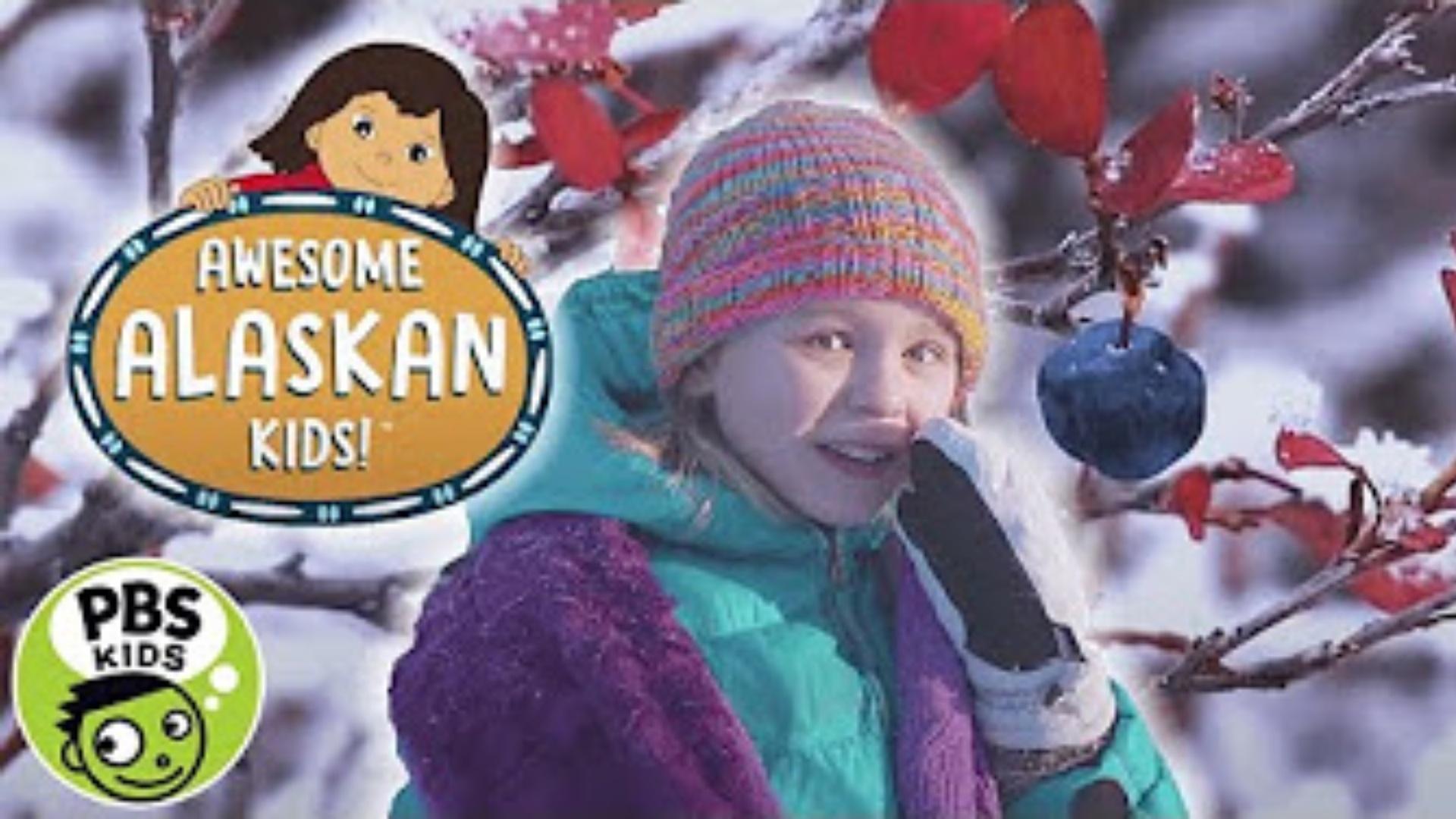 Molly of Denali's Awesome Alaskan Kids with the PBS KIDS logo and the background image of a little kid in some winter bushes.