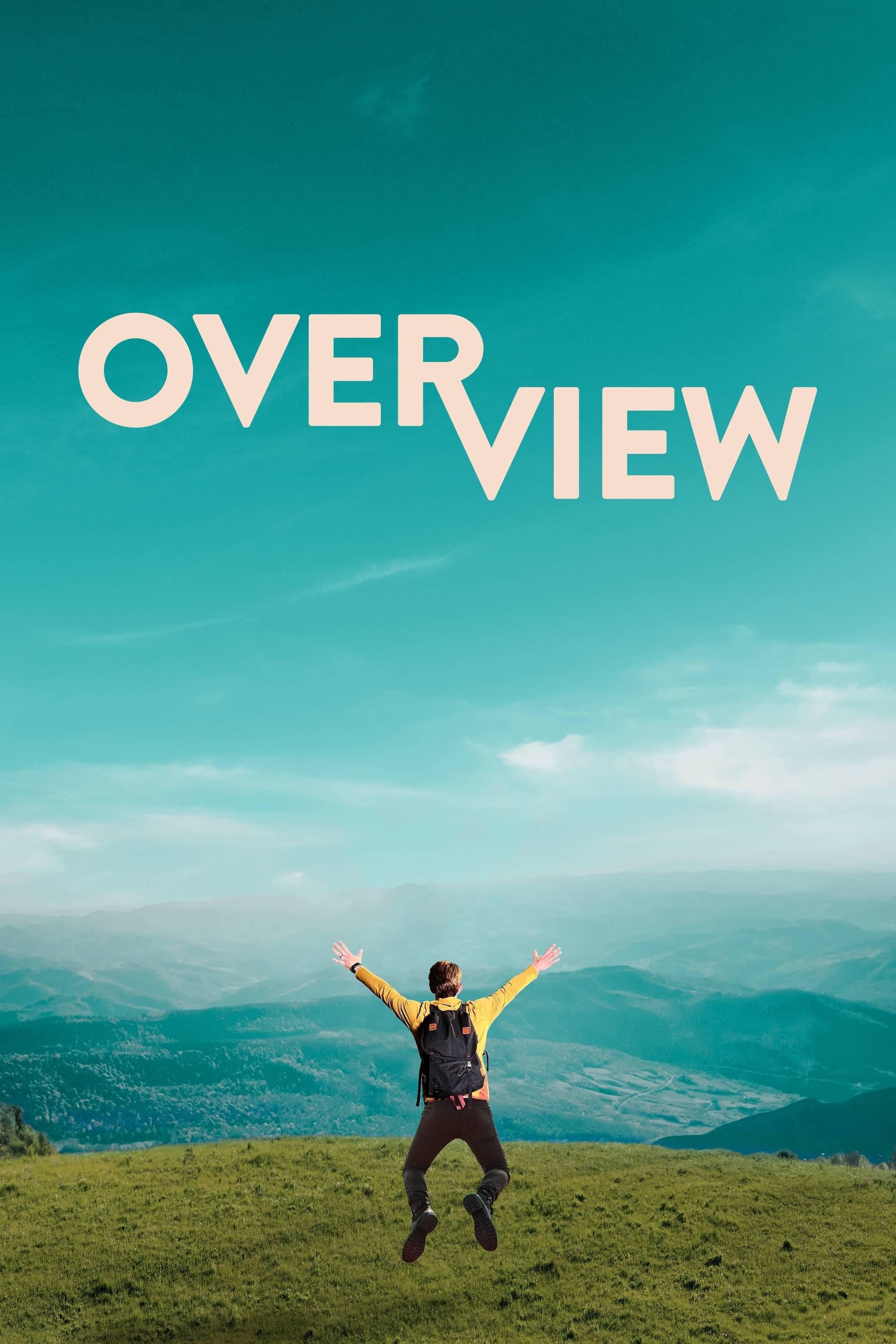 Overview logo over an image of a mountain range and a man jumping with his arms up.
