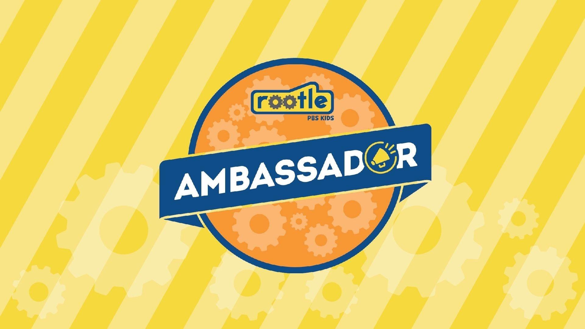 Rootle Ambassador logo on a yellow striped background.