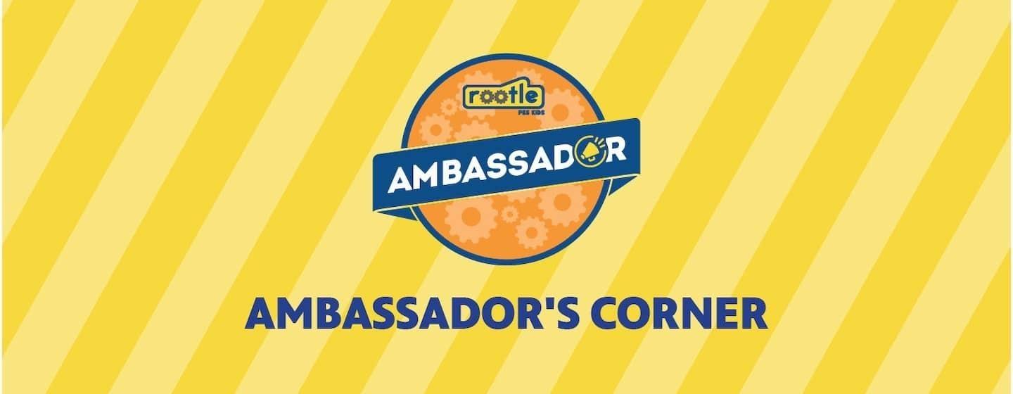 Rootle Ambassador logo and Ambassador's Corner headline on a striped yellow background