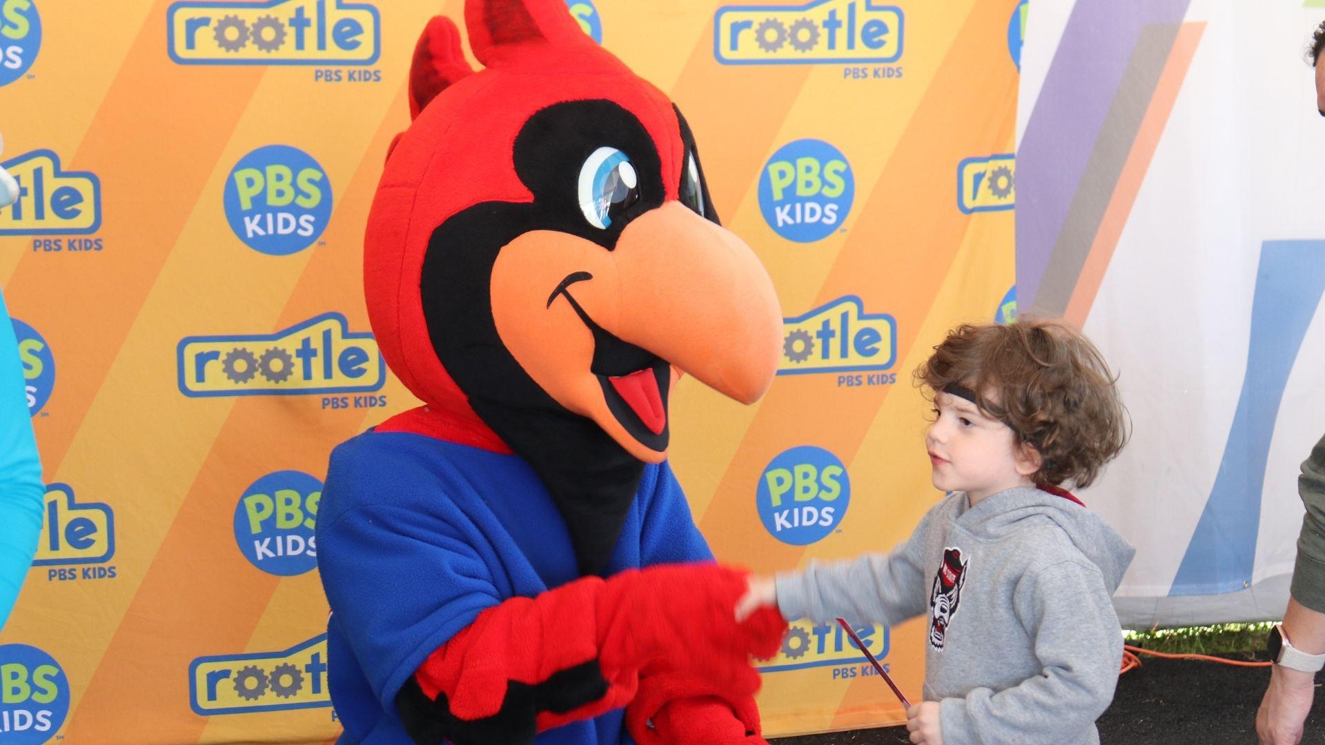 A little boy meets Casey Cardinal at a Rootle Roadster Tour stop.