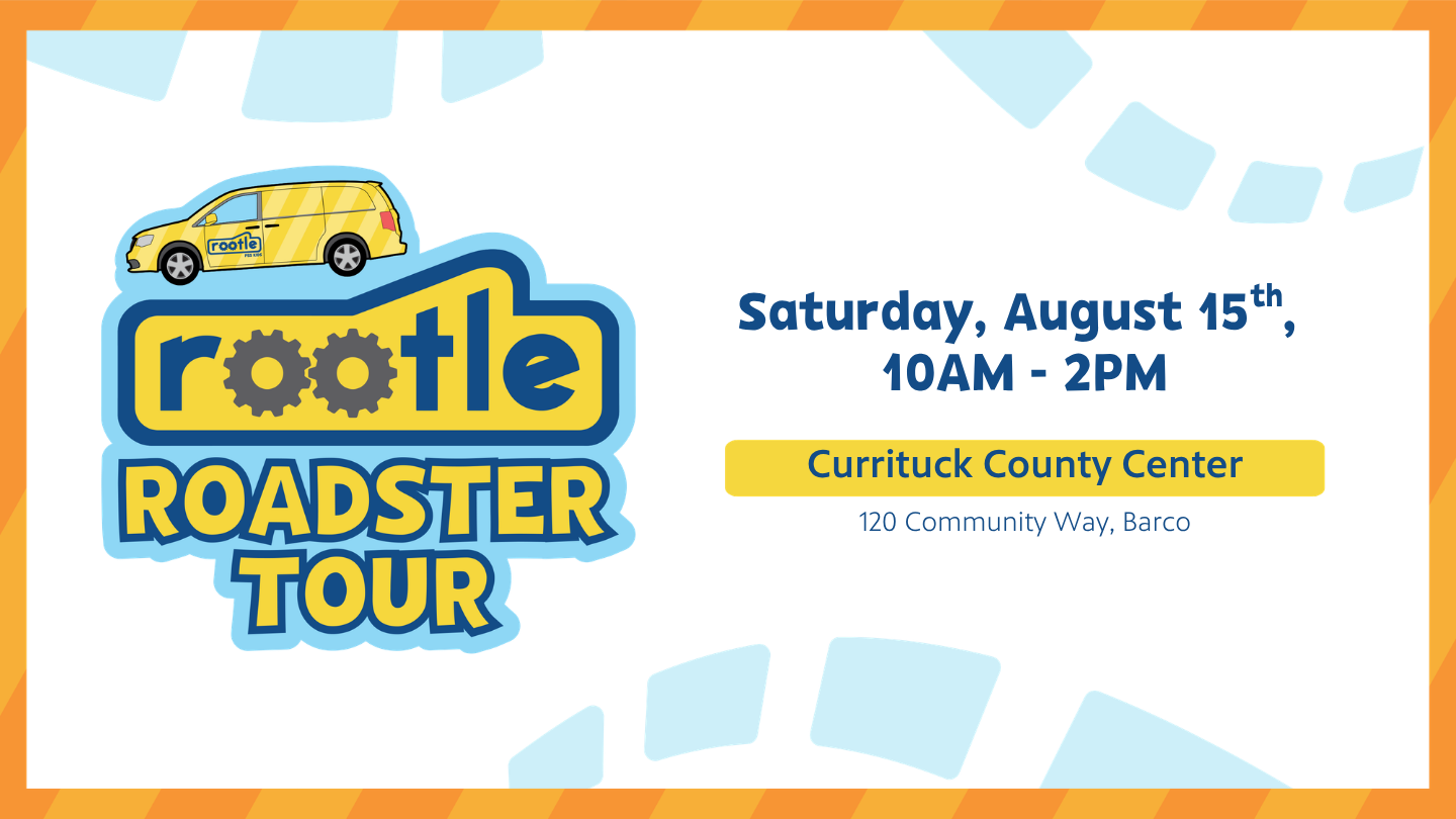 Rootle Roadster Tour stop on Saturday, August 15, 10 AM to 2 PM at the Currituck County Center, 120 Community Way, Barco, NC.