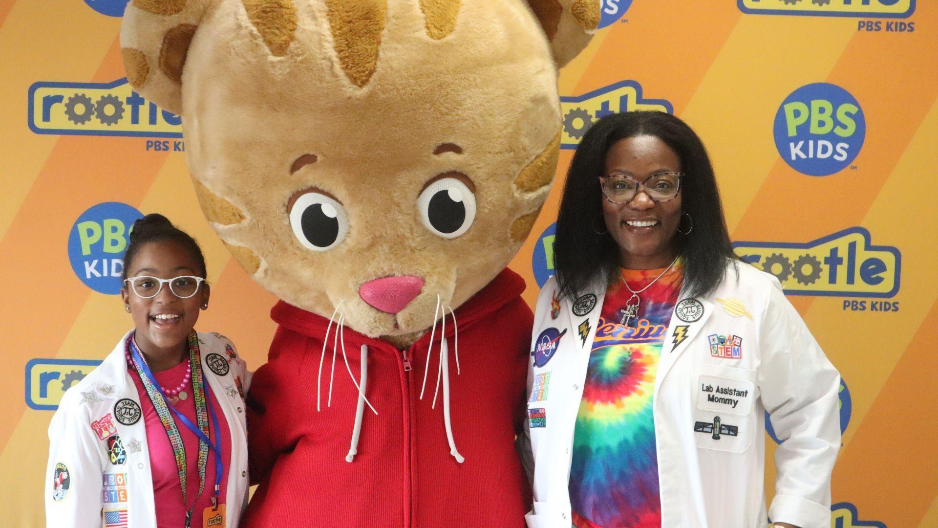 Ava the STEM Princess and her mom meet Daniel Tiger at a Rootle Roadster Tour stop.