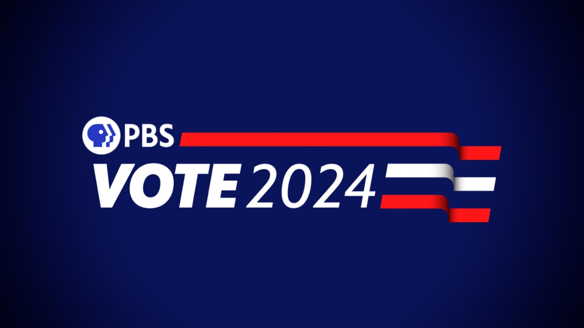 PBS logo and Vote 2024 graphic on a blue background with two red stripes and one white stripe