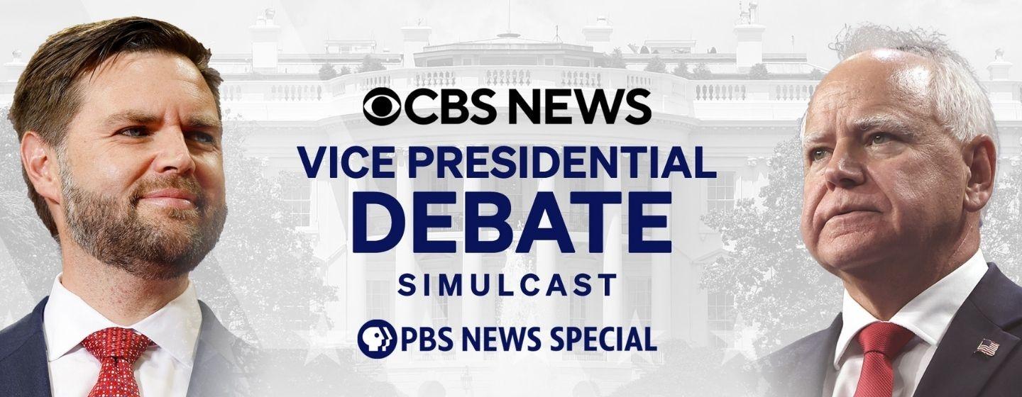 CBS News Vice Presidential Debate simulcast presented by PBS News Hour with Ohio Senator JD Vance on the left and Minnesota Governor Tim Walz on the right.