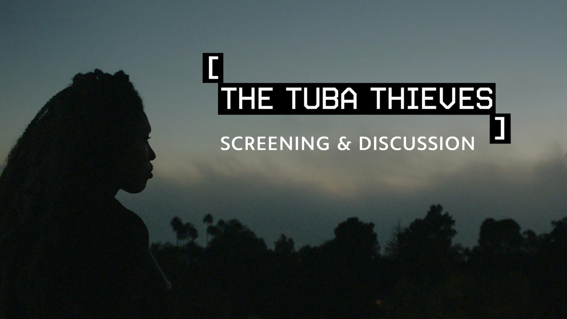 A silhouette of a person as dusk with Independent Lens's, "The Tuba Thieves" logo and the text, "SCREENING & DISCUSSION." 