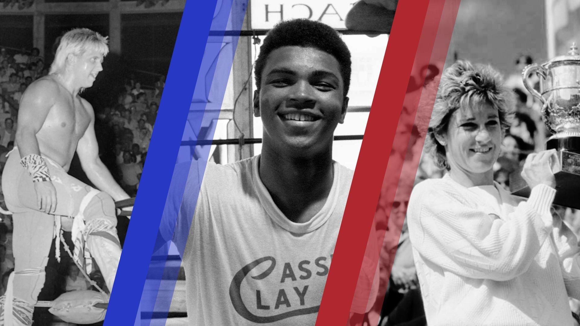 Black and white images of iconic sports figures: Ric Flair, Muhammad Ali, and Chris Evert with blue and red slashes between the images.