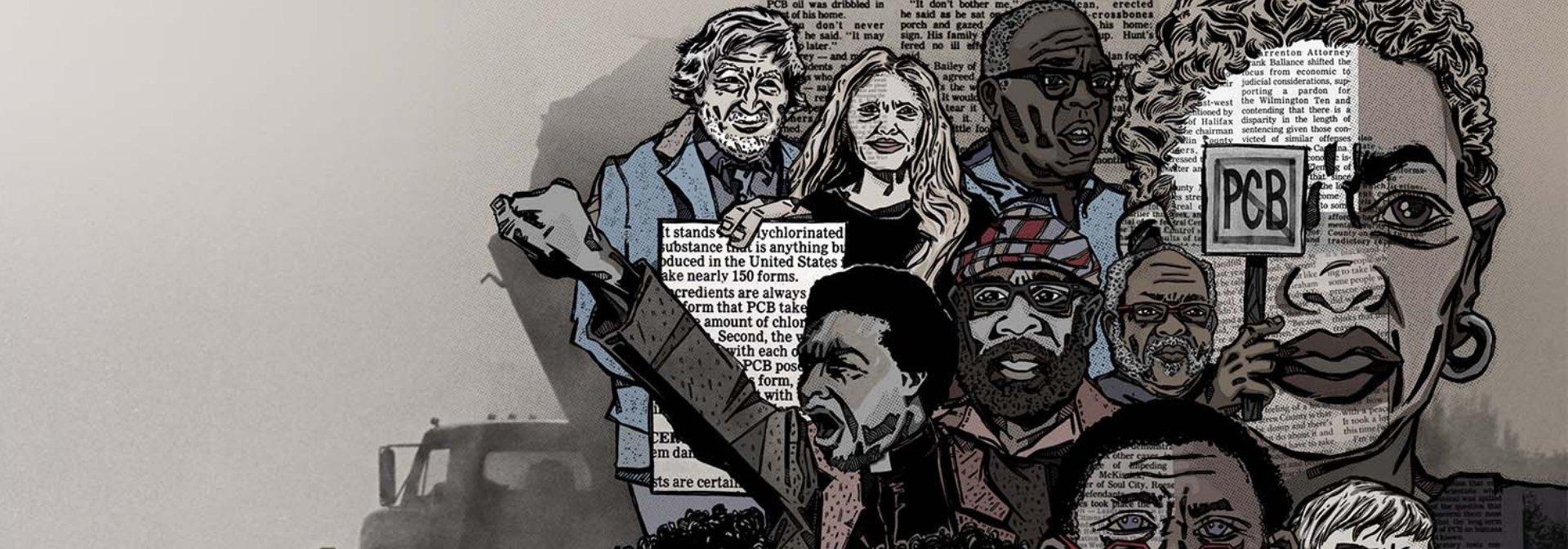 A graphic of newspaper style protestors with signs.