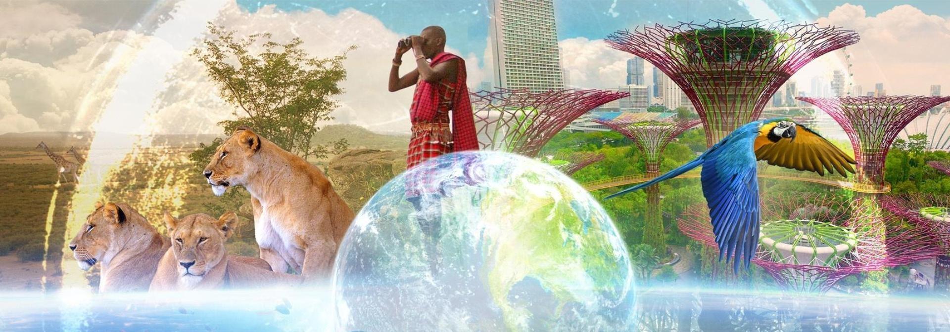 A holograph of the earth, surrounded by animals, people and plants.