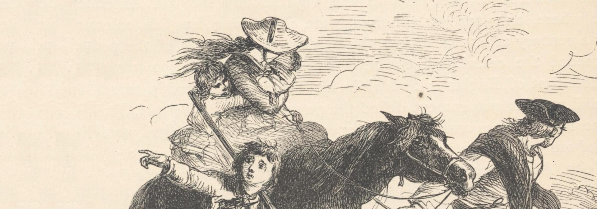 An archival image of a woman on a horse with a by walking next to her and a man leading the horse.