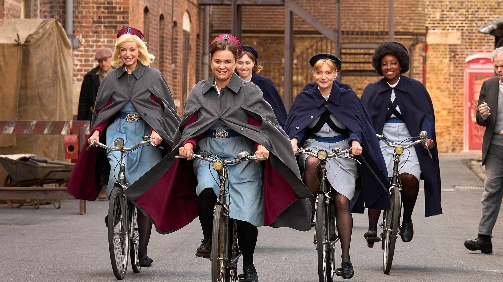 Cast members of Call the Midwife ride their bicycles.