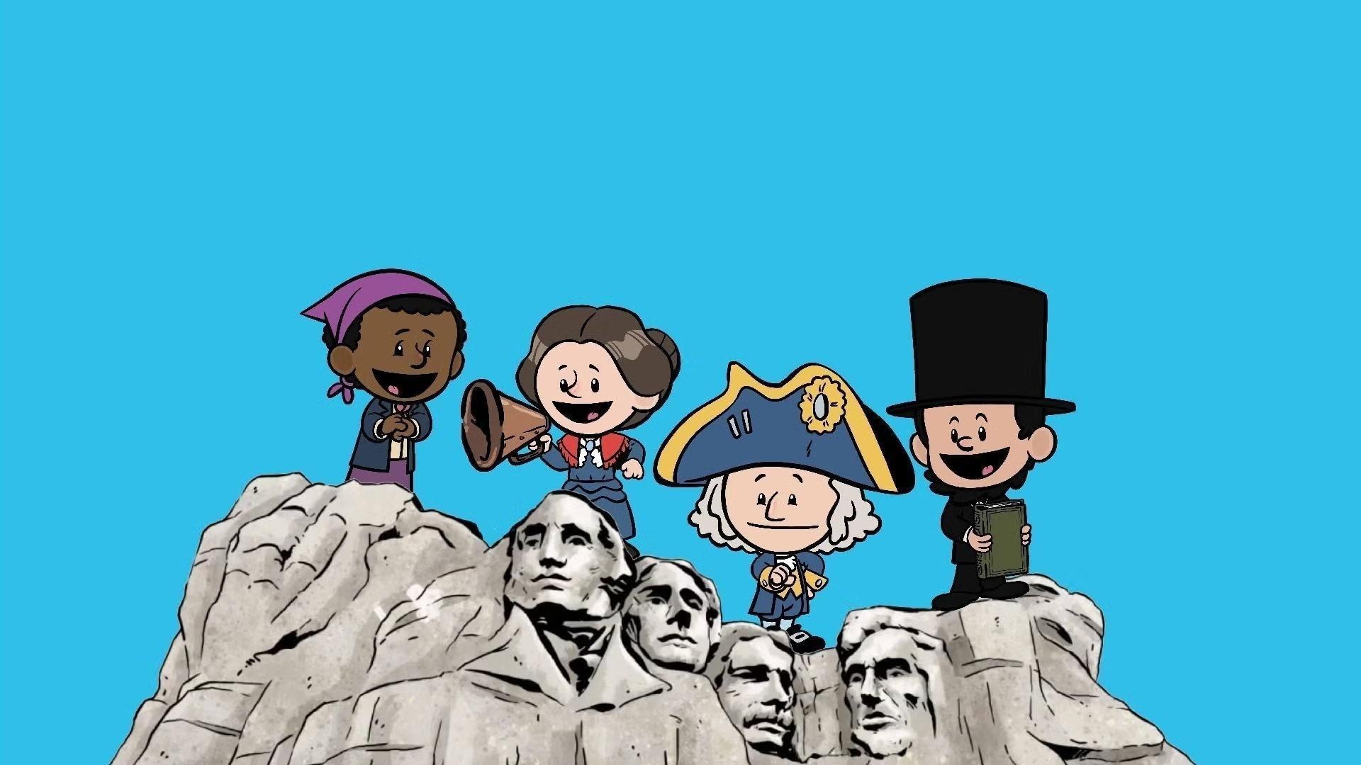 Characters in the animation style of Xavier Riddle and the Secret Museum of Harriet Tubman, Susan B. Anthony, George Washington and Abe Lincoln on top of Mount Rushmore with a light blue background.