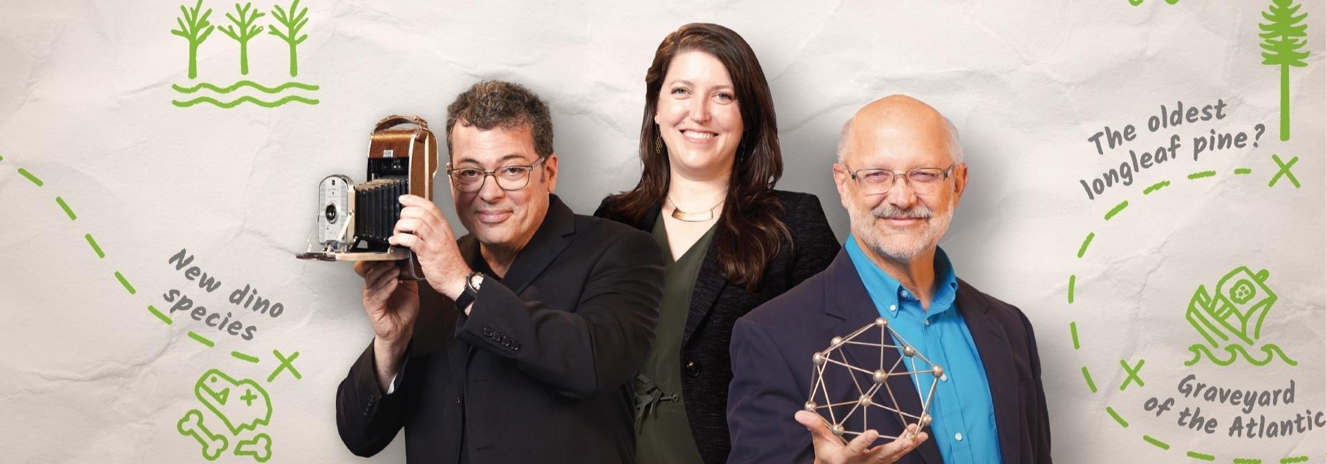 Sci NC contributors Evan Howell, Michelle Lotker and  Frank Graff stand in front of a paper map background with the Sci NC logo.