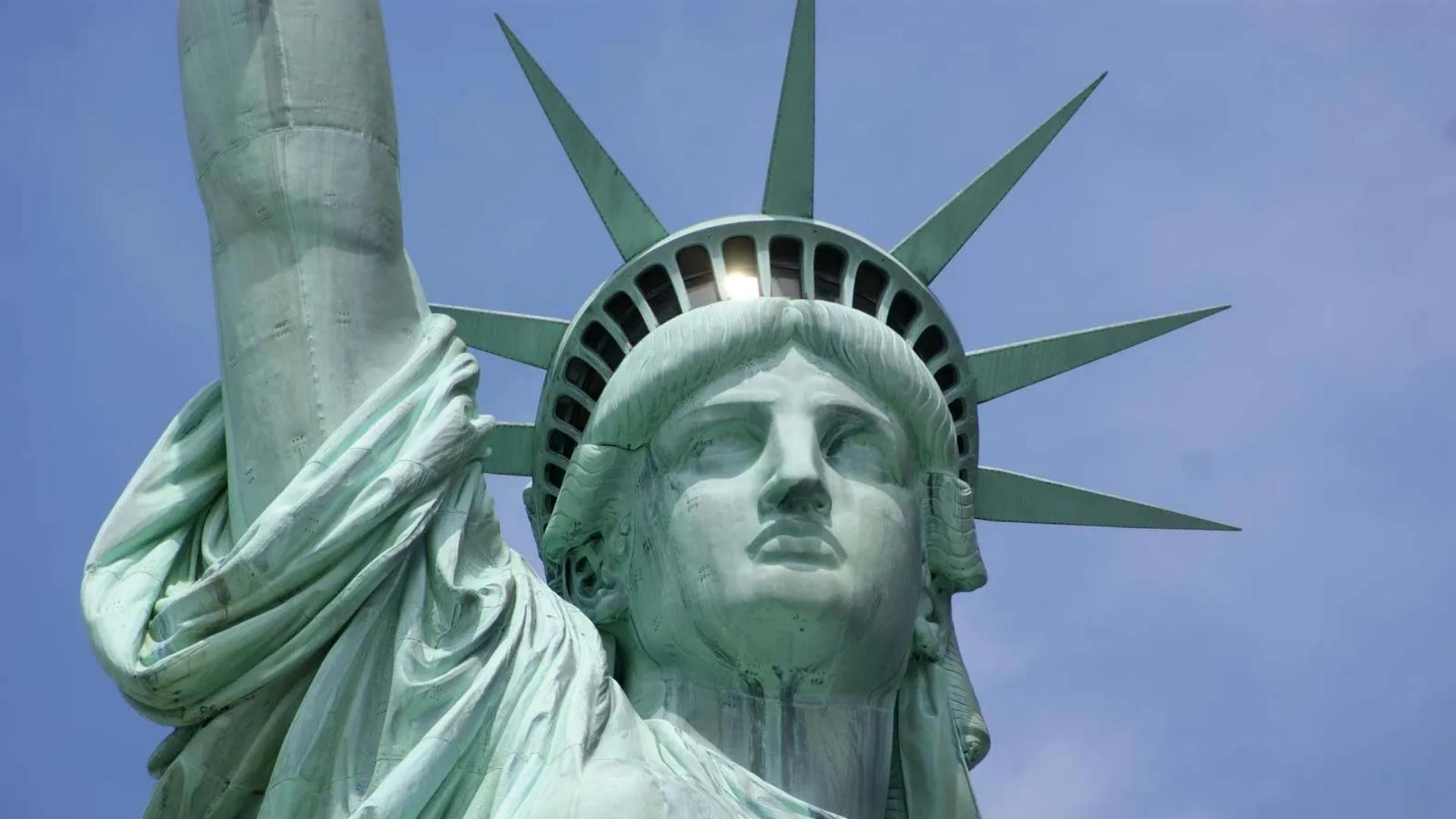 Detail of the head and crown of the Statue of Liberty, New York City.