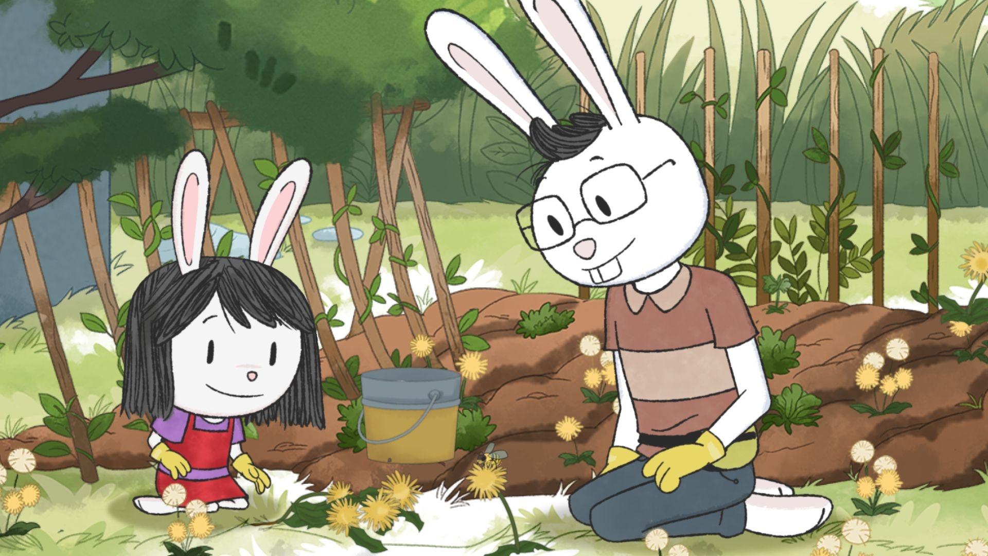 Elinor sits and picks dandelions with her father, Mr. Rabbit, as featured in Elinor Wonders Why.