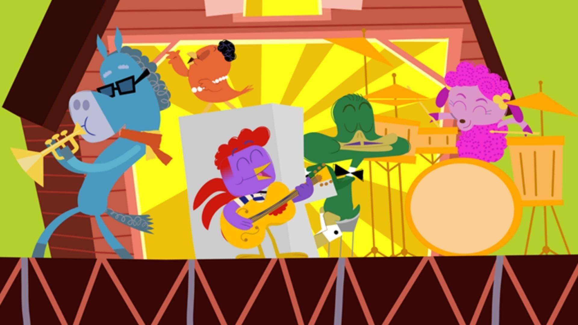Jazz Greats Duck Ellington, Mules Davis, Ella Finchgerald, and Lil Herdin in the Bebop Barnyard as featured on the new PBS KIDS show, "Acoustic Rooster."