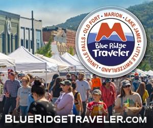 Blue Ridge Traveler logo over an image of an outdoor market and the website "blueridgetraveler.com" on the bottom.