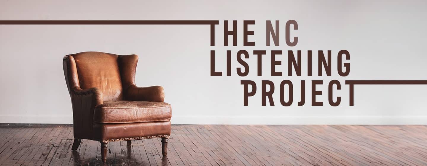 leather wingback chair in empty room with the NC Listening Project logo
