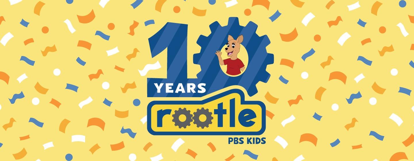 Rootle 10 year logo imposed over confetti backdrop