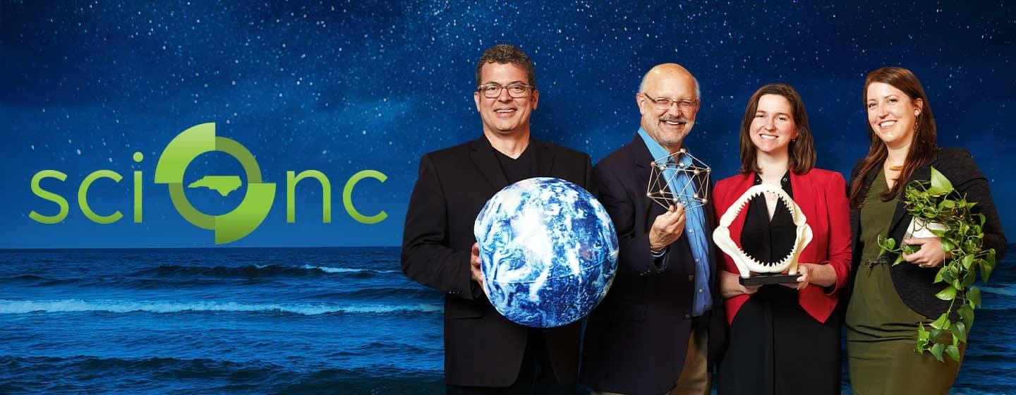 Sci NC contributors Evan Howell, Frank Graff, Rossie Izlar and Michelle Lotker stand in front of a blue background with the Sci NC logo.