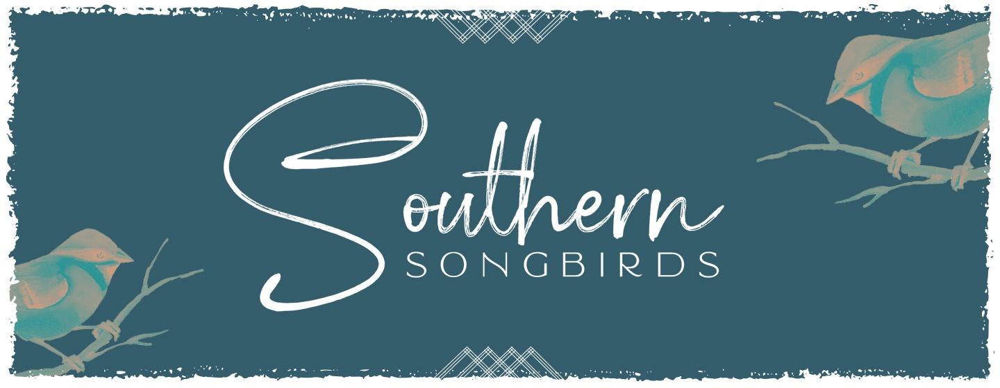 Southern Songbirds key art with teal background and peach and two peach and teal birds in opposing corners