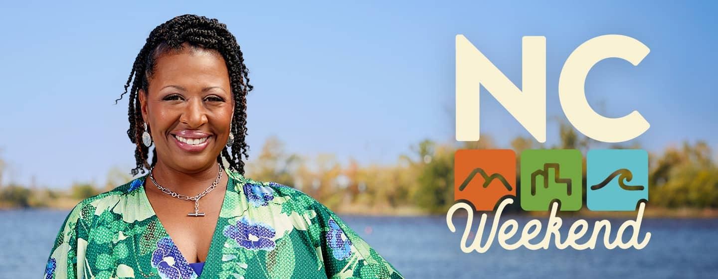 The NC Weekend logo superimposed over an image of host Deborah Holt Noel on the coast.